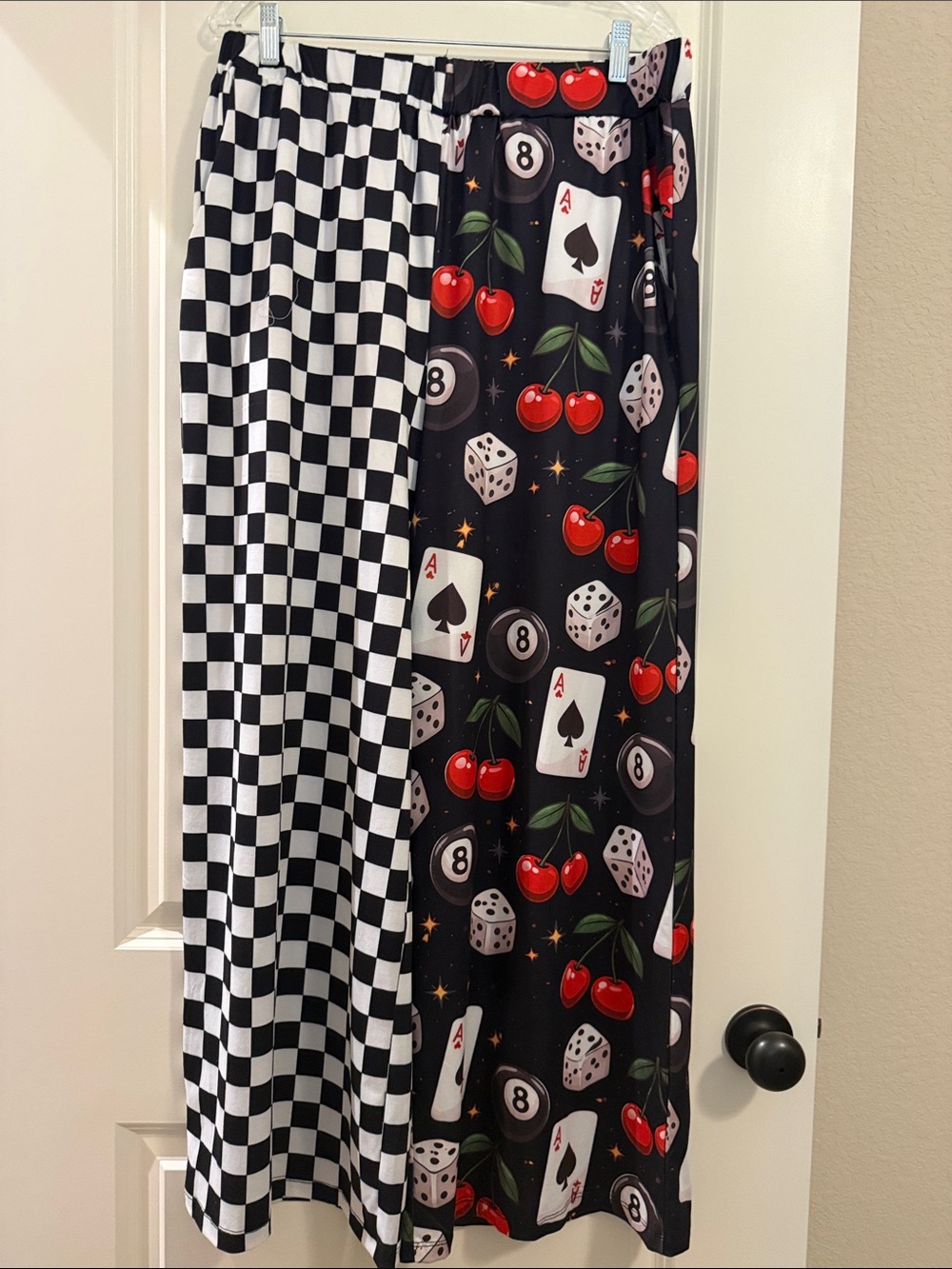 Wide Leg Women’s Lounge Pants in Black & White Checker and Cherry Print